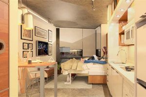 Micro-units are typically between 250 and 375 square feet. (Courtesy Perkins Eastman-DC)