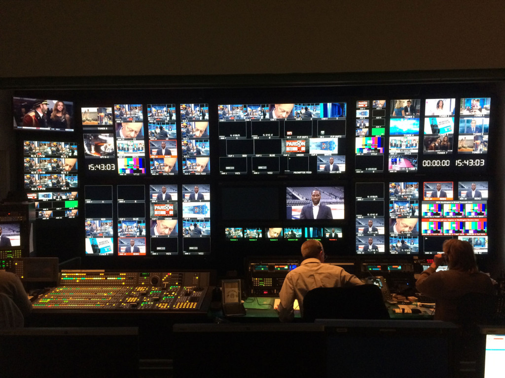 A view from PTI's control room as Kornheiser and Wilbon interview Elton Brand. (WTOP/Noah Frank)