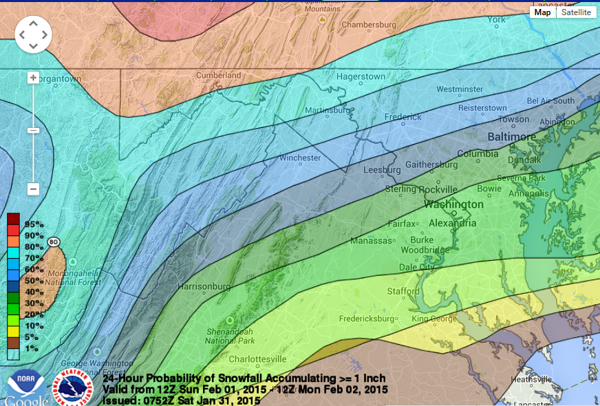 Caption: Probability of snow accumulation of more or equal to 1.0” by 7 a.m. Monday morning – D.C. has about a 20 to 30 percent chance while Western Loudoun and Montgomery counties have 50 to 60 percent chance.