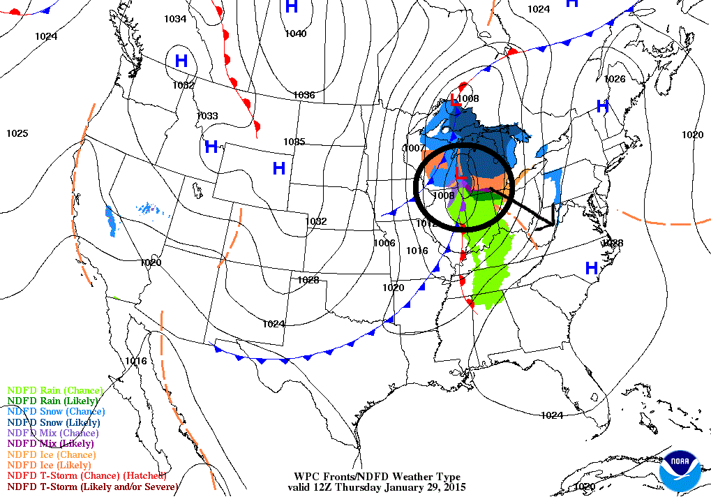 On Thursday morning an area of low pressure will move out of the Upper Midwest and into the Mid Atlantic.  (NOAA)