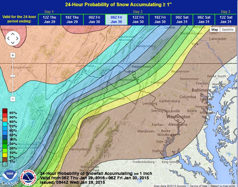 There is about a 5 percent chance (brown color) for more than 1.0” of snow to fall across most of our region with slightly better chances north and west of D.C. (NOAA)