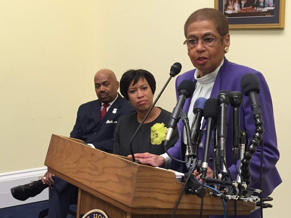 Del. Eleanor Holmes Norton speaks at a news conference Monday on Capitol Hill. On Tuesday, she will go to the House floor to demand the District's vote in the Committee of the Whole be restored. (WTOP/Andrew Mollenebck)