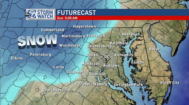 Snow is expected to make its way into the D.C. area early Sunday, March 1, 2015. (Courtesy ABC7)