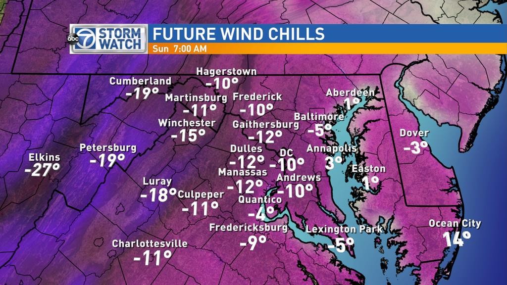 Forecast wind chill values for Sunday at 7 a.m. 