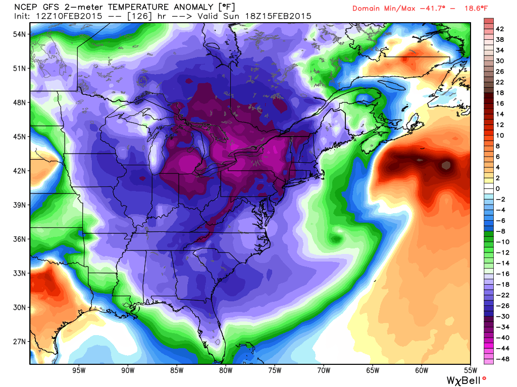 Images show the temperature anomaly (departure from normal) for Sunday afternoon. (WeatherBell)