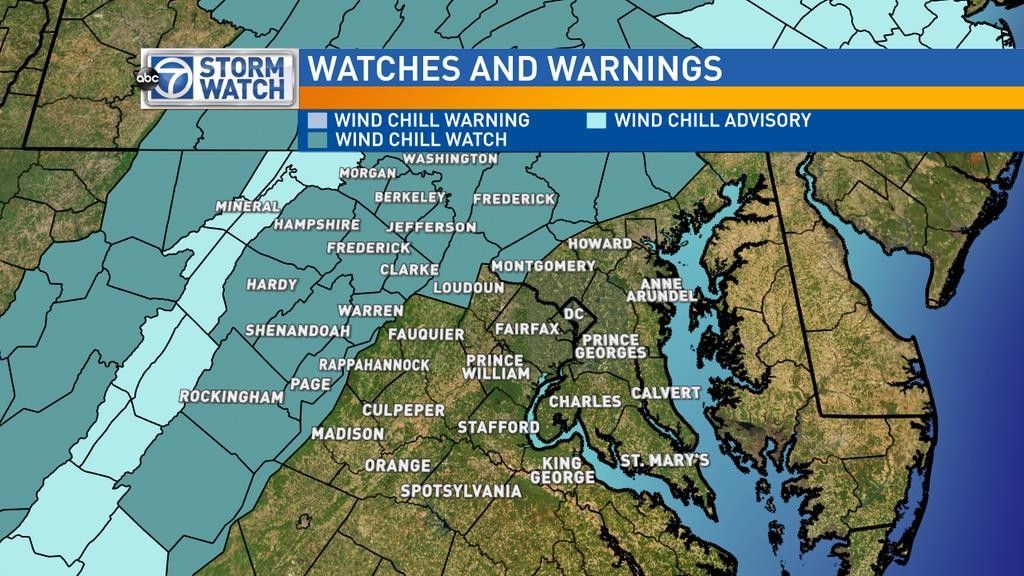 A wind chill watch is in effect for areas shaded in dark blue on Sunday from midnight until noon. 