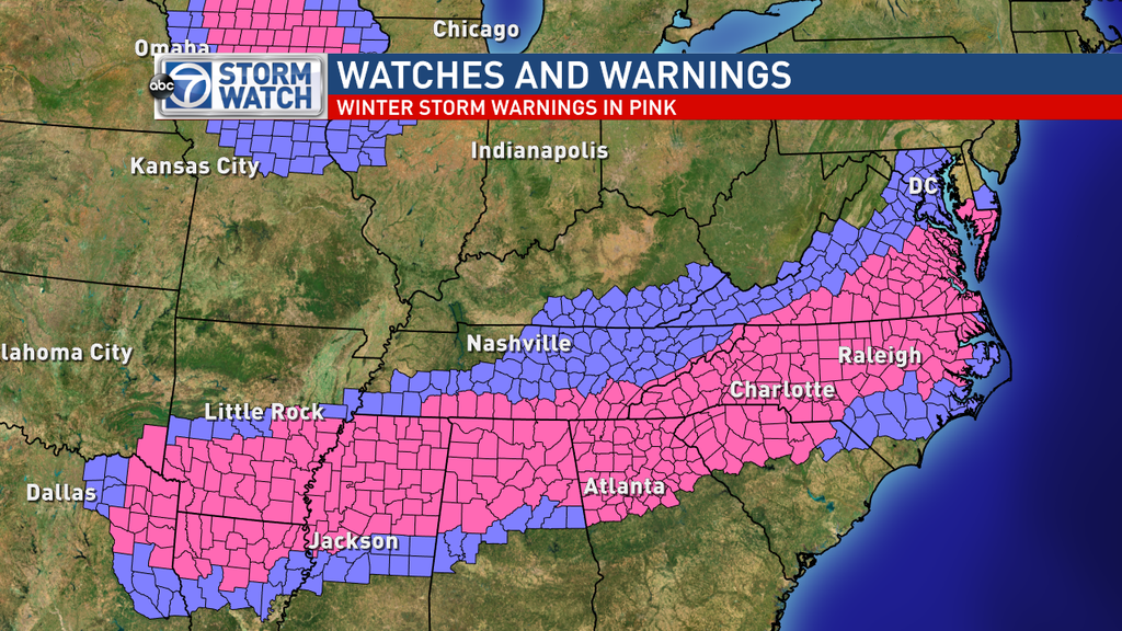 Winter Weather Advisories and Warnings for the Southern United States.  (WJLA)