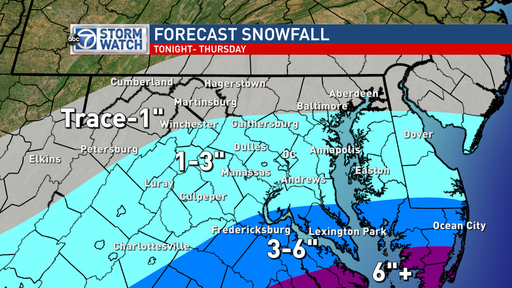 Current forecast for snow totals as of Wednesday afternoon. (WJLA)