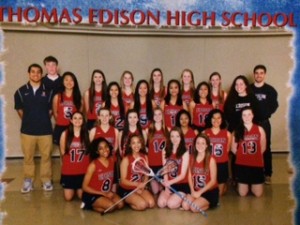 The Edison High School girls lacrosse team. Catherine Dina is second from right in the front row. (Photo courtesy of Samantha Shterengarts)