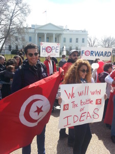 About 50 people gathered outside the White House Sunday to protest Wednesday’s terror attack in Tunisia. (WTOP/Rahul Bali)