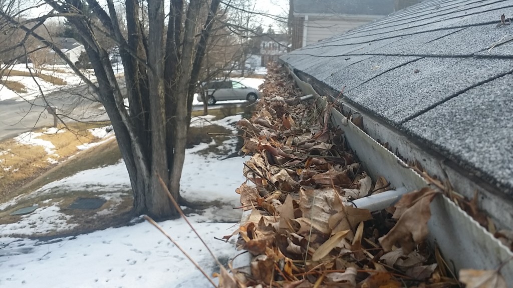 Clogged gutters can lead to water damaged roofs as the snow melts. (Courtesy Glenford Blanc of Pro-Spex Home Inspections)