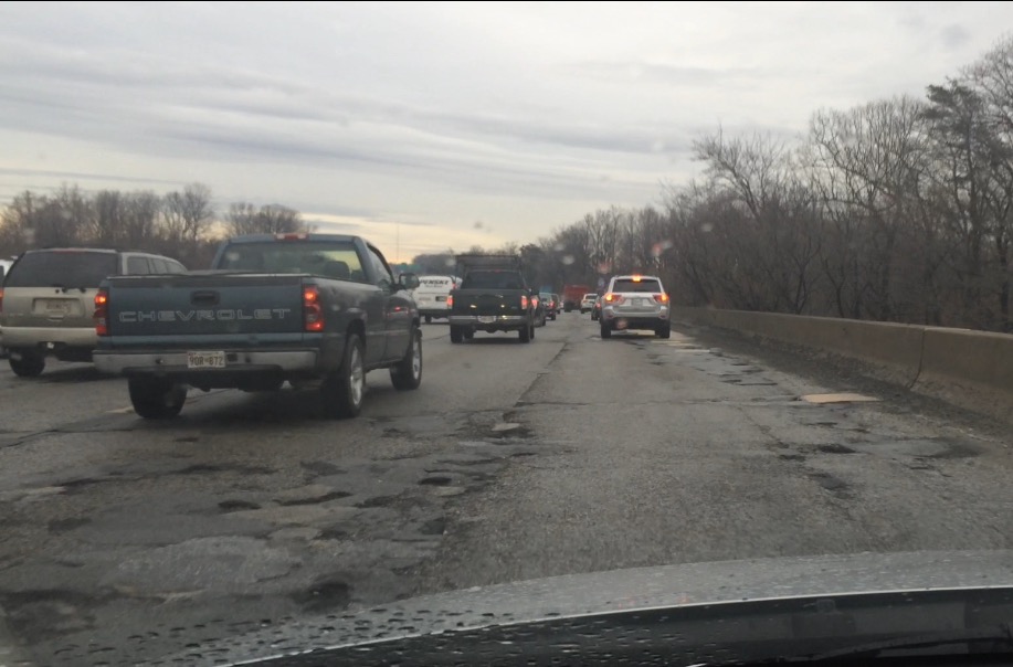 Potholes along the Beltway. (WTOP/Nick Iannelli) 