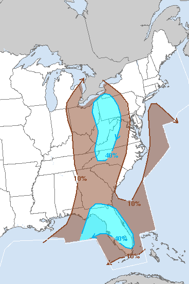 There is a 40 percent chance of a thunderstorm occurring within 12 miles of any point in the area shaded blue between 12 p.m. and 4 p.m. The best chance for storms to enter the Shenandoah Valley region will be around 2 p.m. (Courtesy of the Storm Prediction Center)