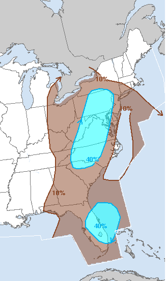 There is a 40% chance of a thunderstorm occurring within 12 miles of any point in the area shaded blue between 4 p.m. and 8 p.m. (Courtesy of the Storm Prediction Center)