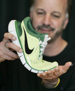  Jeff Pisciotta, senior researcher, Nike Sports Research Lab, shows off a series of scores in the Nike Free 5.0 shoe, that allow it to twist and turn with the foot, during a presentation Wednesday, March 30, 2005, in Beaverton, Ore. Barefoot running is a popular training technique, and some have incorporated it into competition. Sprightly Zola Budd, a South African competing for Britain in the 1984 Olympics, was running barefoot when she got tangled up withMary Decker. (AP Photo/Rick Bowmer)