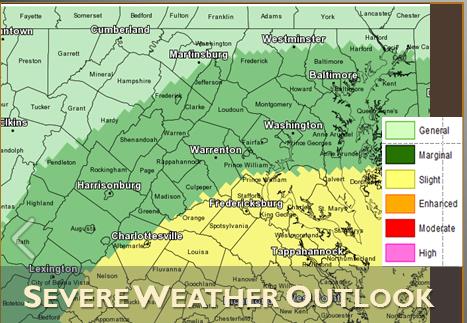 A slight chance of severe weather Stafford County, Virginia and Charles & Calvert counties and south. (Courtesy Storm Prediction Center)