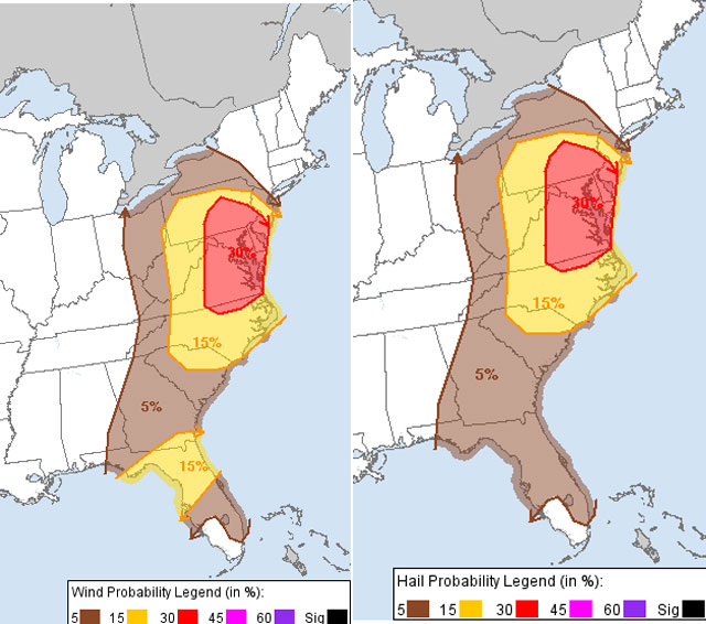 Most of the WTOP listening area will have at least a 30 percent chance for hail and wind during any given storm this afternoon to reach severe status. That would mean winds of 58 mph or higher and/or hail 1 inch in diameter or larger. (Courtesy of the Storm Prediction Center)