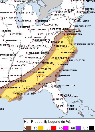 Areas in yellow have about a 15 percent chance of severe winds and/or hail within 25 miles of any one point. (Courtesy Storm Prediction Center)