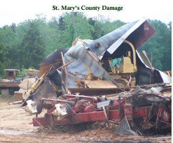Tornado damage in St. Mary's County in April 2011. Nineteen tornadoes were reported in the greater D.C. area in less than 24 hours between April 27 and 28. (National Weather Service)