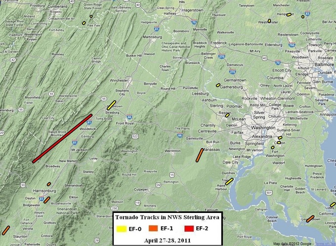 There were 19 tornadoes reported in our region alone on April 27 and April 28. These are the paths and locations of each tornado in the D.C. region. (National Weather Service)