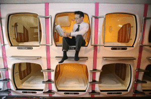 Japanese capsule hotels are all the rage for guest who don't need space, just a night's sleep. (Photo by Koichi Kamoshida/Getty Images)