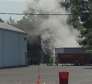 Sulfuric acid leakage was causing gray smoke along Whiskey Bottom Road on Saturday morning (Anne Arundel County Fire Dept.)