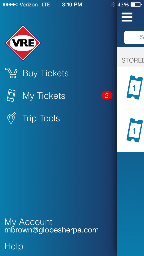 A screenshot of the VRE ticketing app. (VRE/Screenshot)