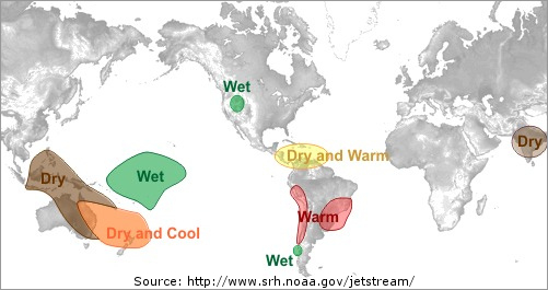 This graphics shows typical El Nino effects globally from June until August . 