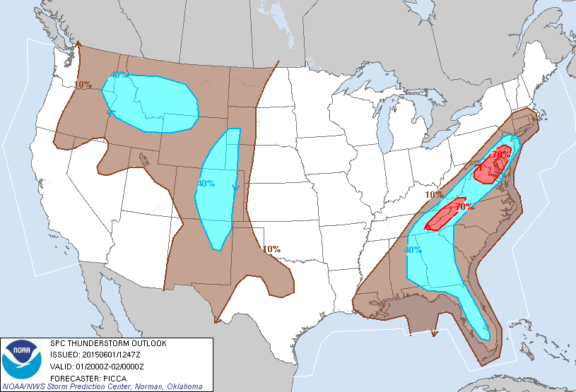 Thunderstorm outlook for our area. Although we will have a chance of thunderstorms all afternoon, the best chance (70 percent in red, 40 percent in blue) to see thunderstorms across our region will be from 4 p.m. to 8 p.m.