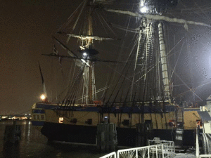 The Hermione, a replica of the 18th Century frigate that helped to turn the tide of the American Revolution, anchored in Old Town in midnight Wednesday. (Courtesy WTOP/Kristi King)
