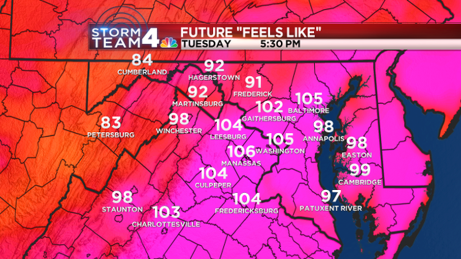The heat index or “feels like” temperature into the evening hours. 