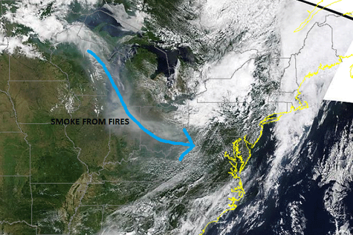 Winds aloft bring the smoke through the northern plains and Midwest, into the Ohio Valley and now into the Washington D.C. area. Courtesy of MODIS Terra.