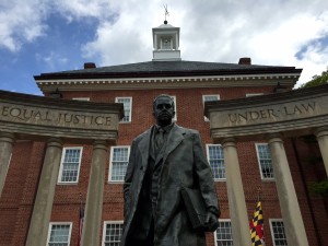 Thurgood Marshall, also a Maryland native, was the first African American to serve on the U.S. Supreme Court, and his statue is at the center of what's known as Lawyer's Mall. (WTOP/Kate Ryan)