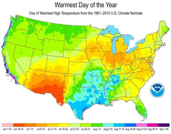 The average date of the hottest day of the year. For the WTOP region, it comes between July 16 and 20. But it varies across the U.S. Hottest days in the Southwest happen earlier in the summer, before the monsoon kicks in. The Pacific coast generally sees the hottest days late in the summer and in early fall. In New England, dates are also are generally later because the Atlantic Ocean takes much of the summer to heat up. (Courtesy of NWS)
