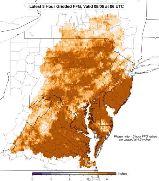 How much rain would trigger flash flooding? This is the Flash Flooding Guidance for our area. It will take as much as 4 inches of rain in spots (dark orange) within three hours to reach flash flooding conditions. (Courtesy of the National Weather Service-Sterling) 
