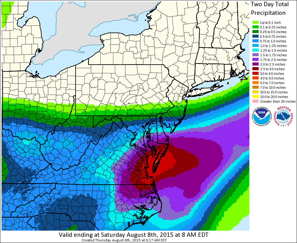 Rainfall total accumulation will increase the farther south from the D.C. metro area you go. This means areas north of D.C. will not see as much considering they are farther way from the track of the low. (Courtesy of NOAA)