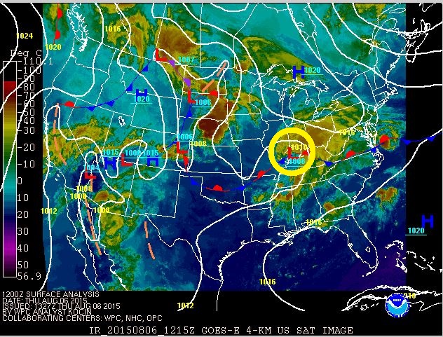 Surface features as of 8 a.m. on Thursday morning. This shows a stalled frontal system draped across Southern Virginia with an area of low pressure over Southern Illinois/Indiana. (Courtesy of the Weather Prediction Center)