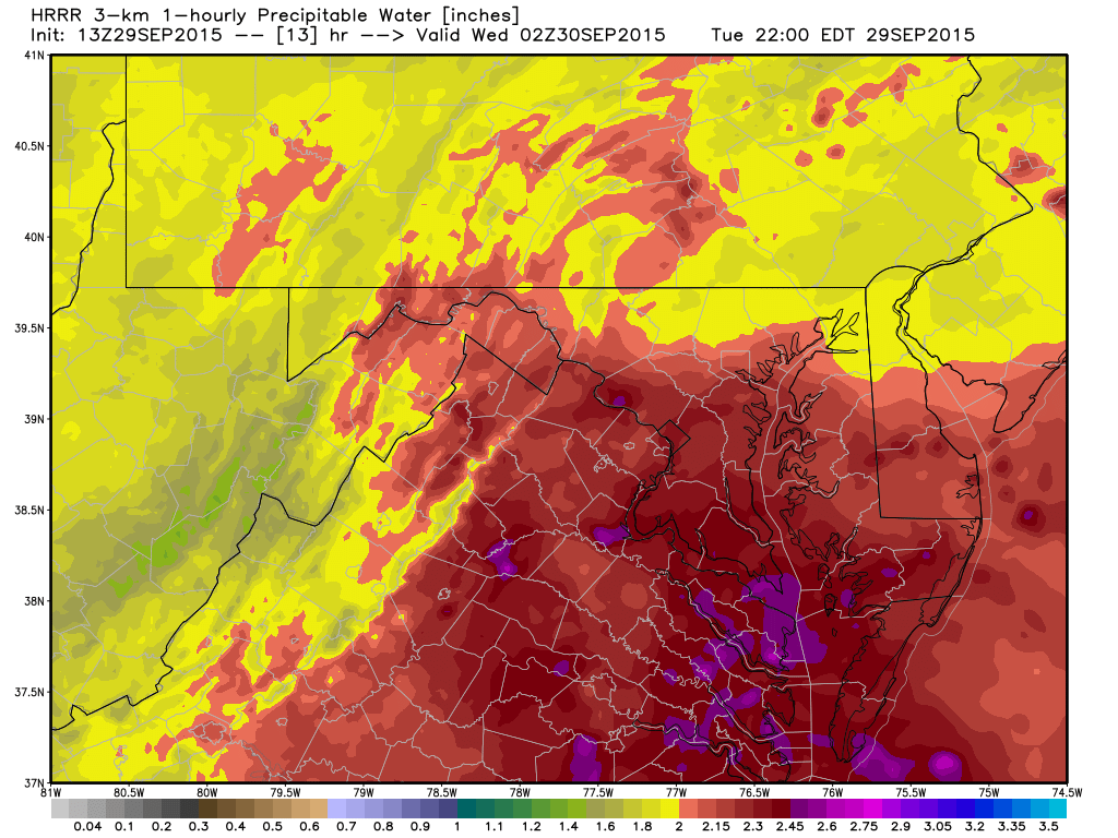 This graphic shows the forecasted precipitable water across the region at 10 p.m. Tuesday. It is more than 2 inches deep for most of the D.C. metro area. (NBC Washington)