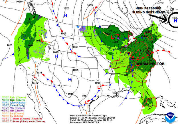 Surface map for 2 p.m. Wednesday afternoon. Factors for our weather: High pressure moves off to the North Atlantic. Intensifying low pressure over the Great Lakes. Warm front through Central Virginia moving north. Attendant cold front from Ohio through the Florida Panhandle moving east. (Courtesy of the National Weather Service)