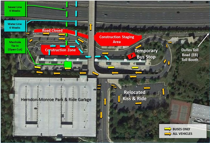 A map of the work around the Herndon-Monroe Park and Ride in preparations for a Metro station. (Courtesy of the Dulles Corridor Metrorail Project)