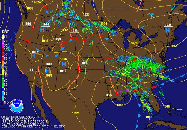 The rain that spreads over the Mid- Atlantic comes from an area of low pressure that moved out of Louisiana, bringing tropical moisture with it.  (NOAA)