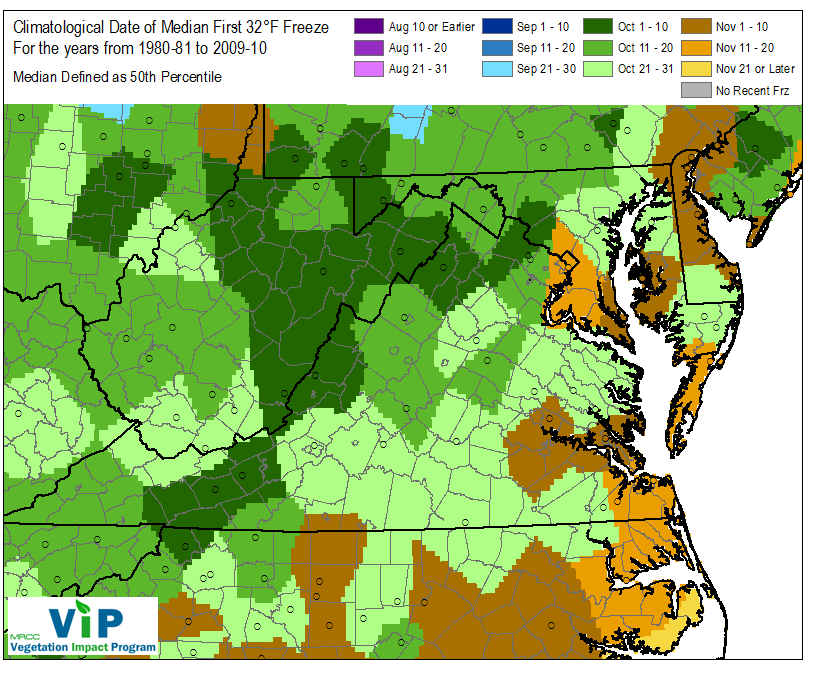 Courtesy of NWS in Sterling, VA. Average first freeze by county. 