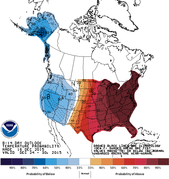 There is a greater than 90% chance of above-normal temperatures from Christmas Eve through the end of 2015.  (NOAA)