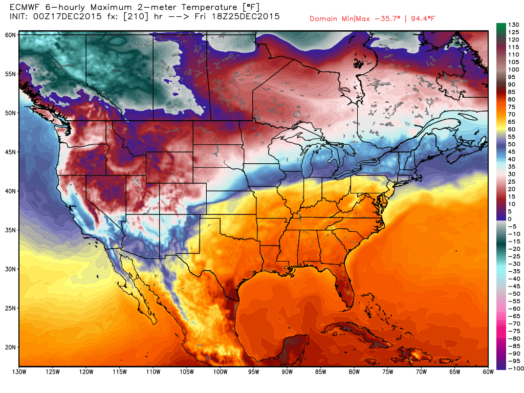 The European Model depiction of forecast highs on Christmas afternoon is 60s or 70s for our area. (NOAA)