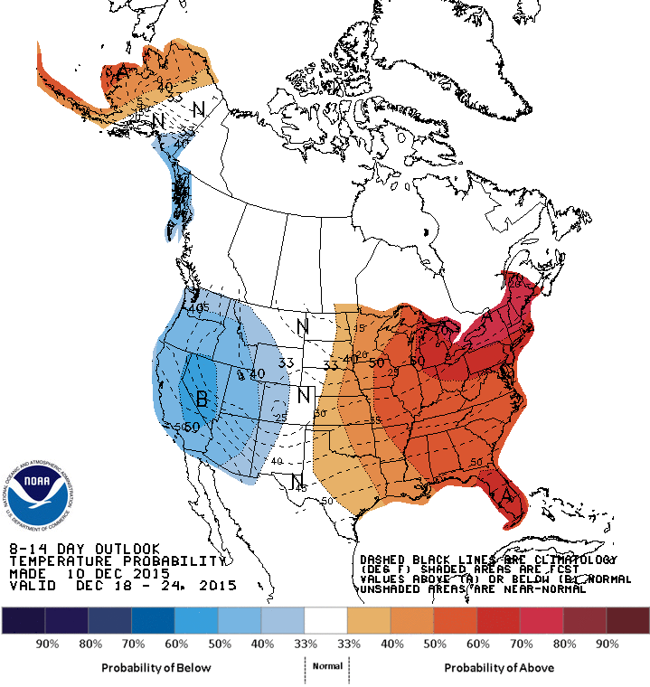 According to the Climate Prediction Center there is at 60% - 70% chance that temperatures are above normal through December 24th.  (NOAA)