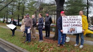 Dignity USA organized a protest outside MOther Seton Catholic CHurch in Germantown, Md. on Sunday, Jan. 10, 2016. The group claims the firing of a gay music minister was discriminatory. (WTOP/Kathy Stewart)