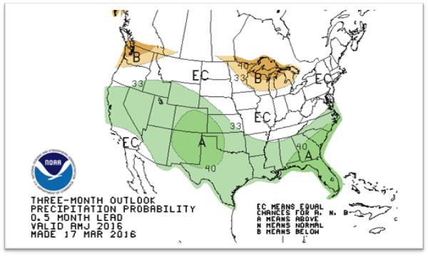 The three-month precipitation outlook as of March 31, 2016. (Climate Prediction Center/NOAA)