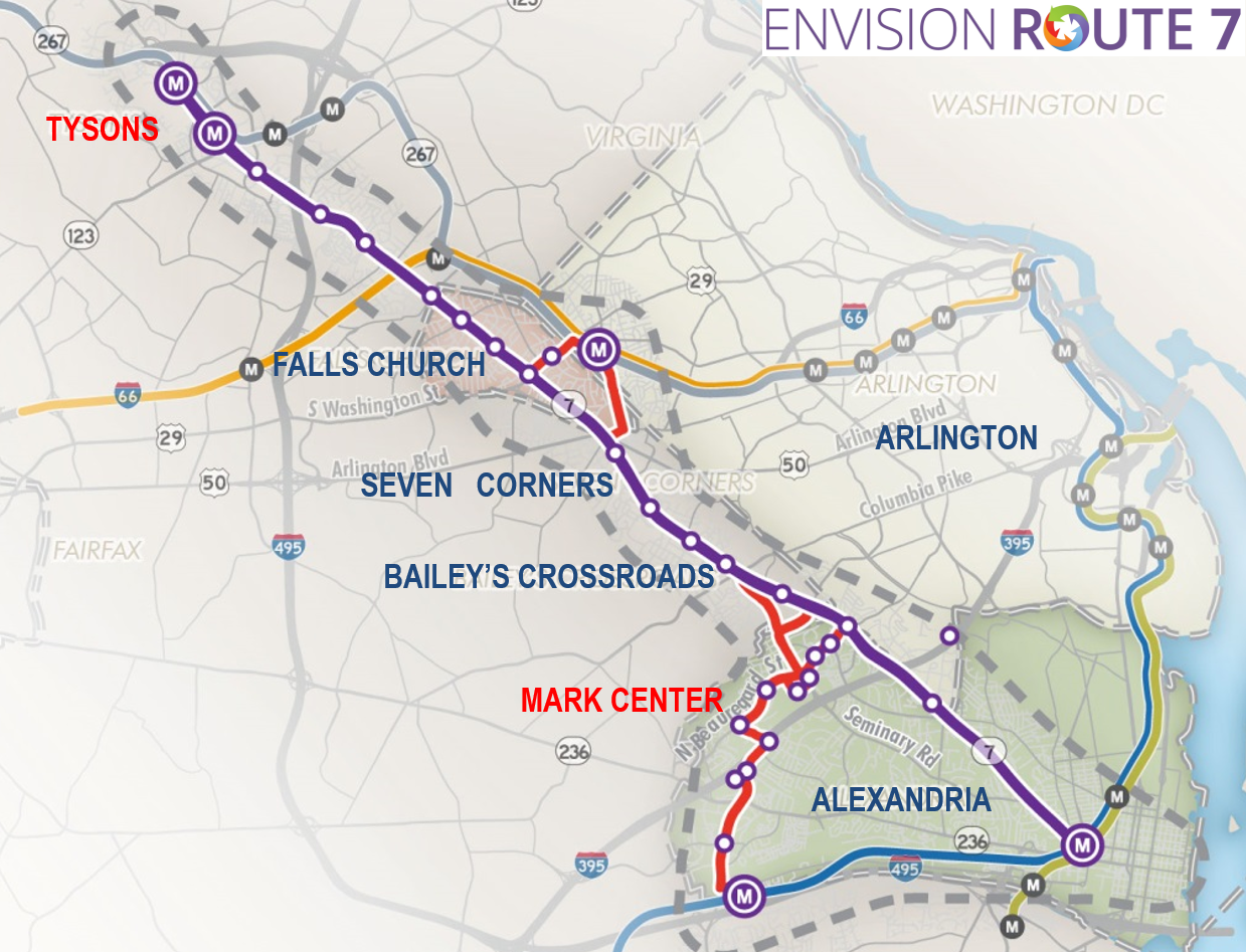 The recommendation being presented Thursday is that buses would follow the purple line on the map from the top left (Spring Hill Metro) to Falls Church where the buses would then follow the red line to connect to East Falls Church, then continue to the Mark Center only, without continuing to either Van Dorn St. or King St. Metro stations.(Courtesy of NVTC)
