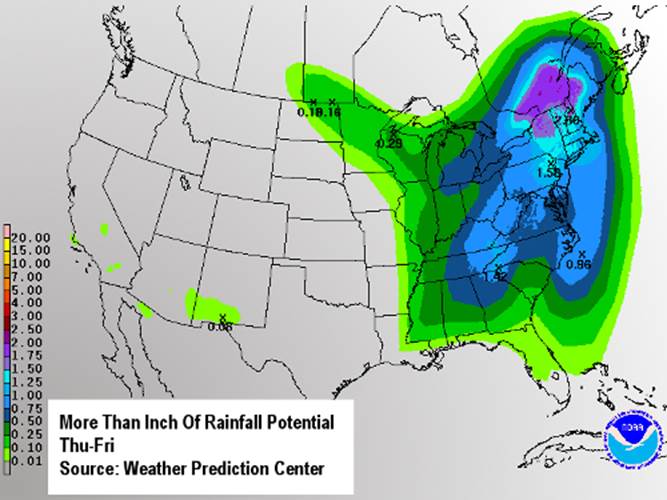 More than an inch of rainfall potential Thursday through Friday (Source: Weather Prediction Center)