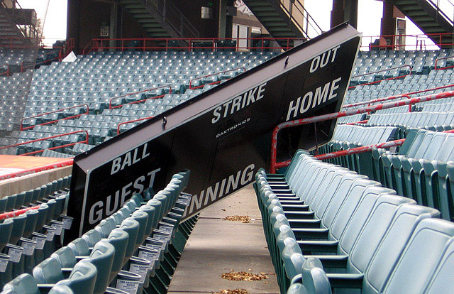 A piece of the scoreboard sits in the stands behind home plate after the storm. (Courtesy: New Orleans Zephyrs)